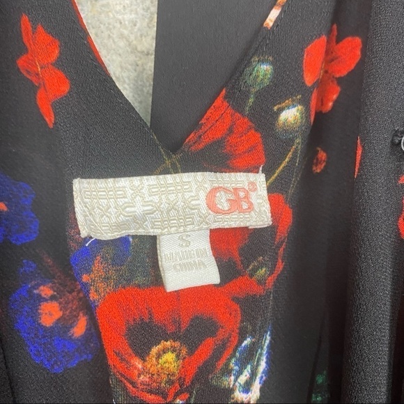 Gianni Bini black red yellow floral long sleeve faux wrap romper small - Picture 4 of 8